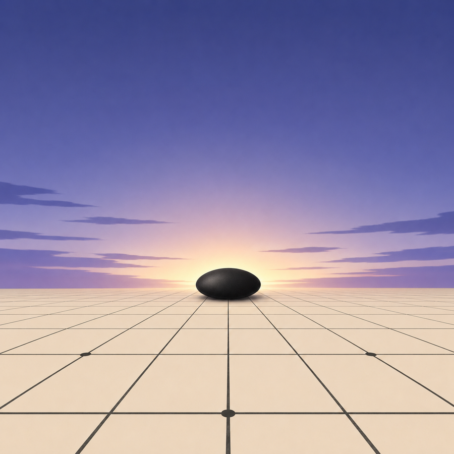 A black go stone on the horizon of a goban at dawn